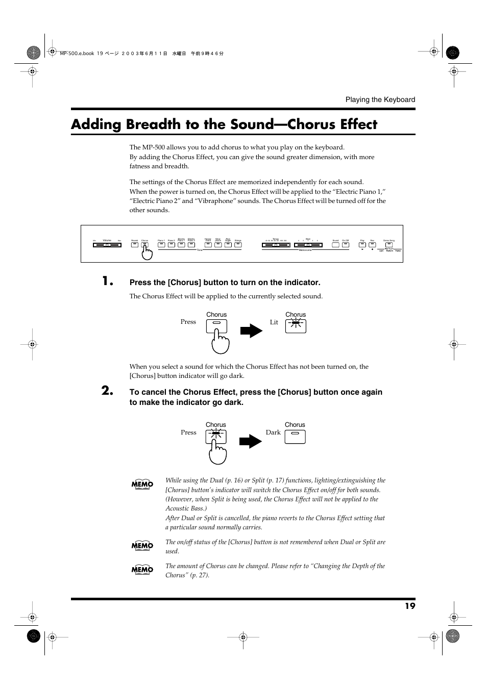 Adding breadth to the sound—chorus effect, Adds the chorus effect to the sound (p. 19), Press the [chorus] button to turn on the indicator | Playing the keyboard, Press lit, Press dark | Roland MP-500 User Manual | Page 19 / 44