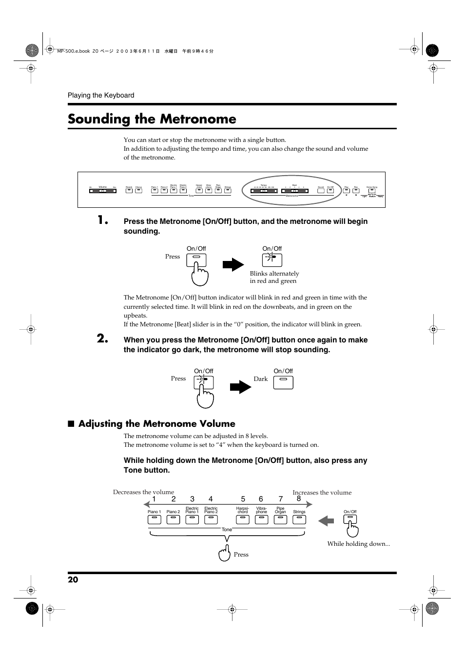 Sounding the metronome, Adjusting the metronome volume, Activates the built-in metronome (p. 20) | Playing the keyboard | Roland MP-500 User Manual | Page 20 / 44