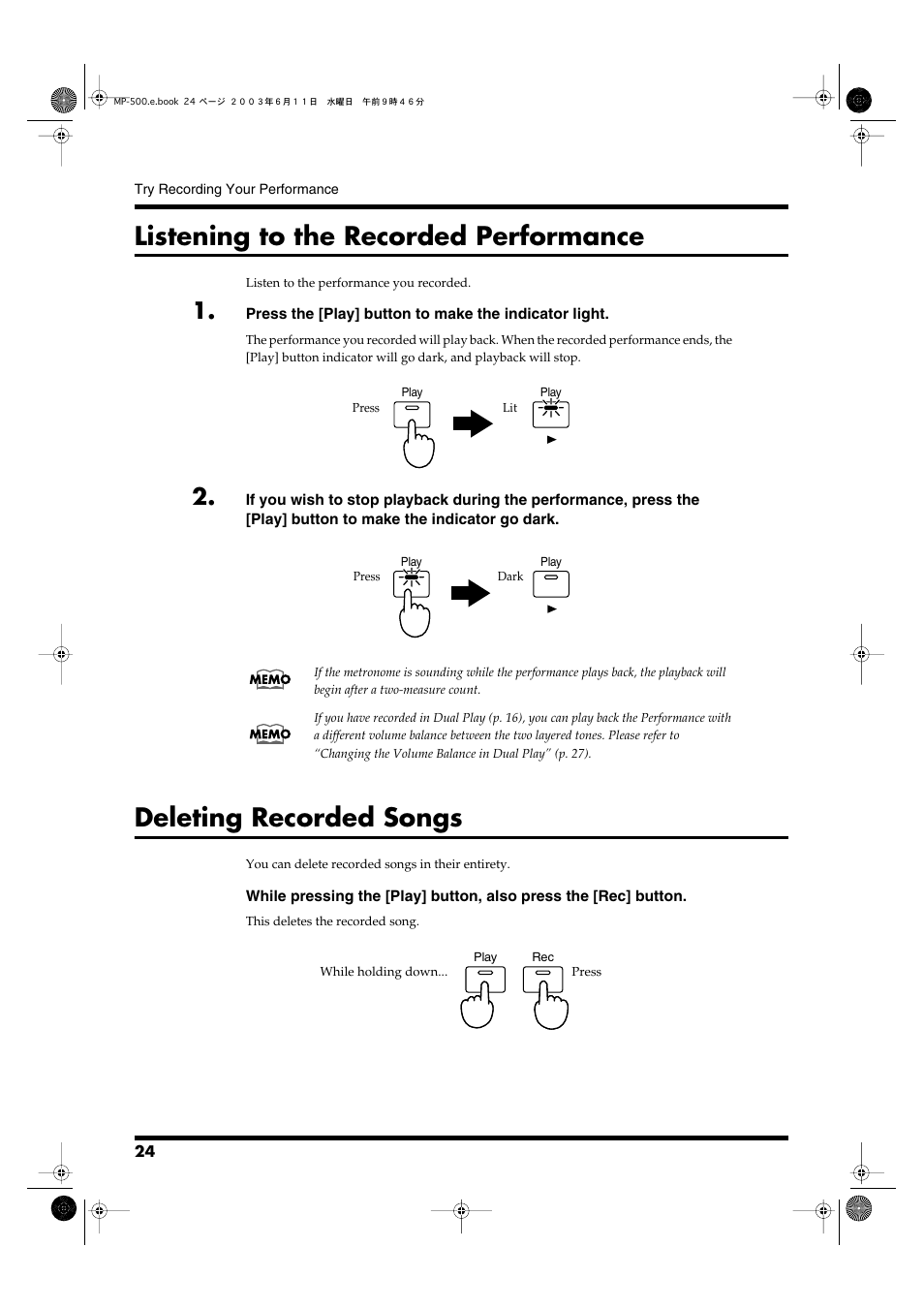 Listening to the recorded performance, Deleting recorded songs | Roland MP-500 User Manual | Page 24 / 44