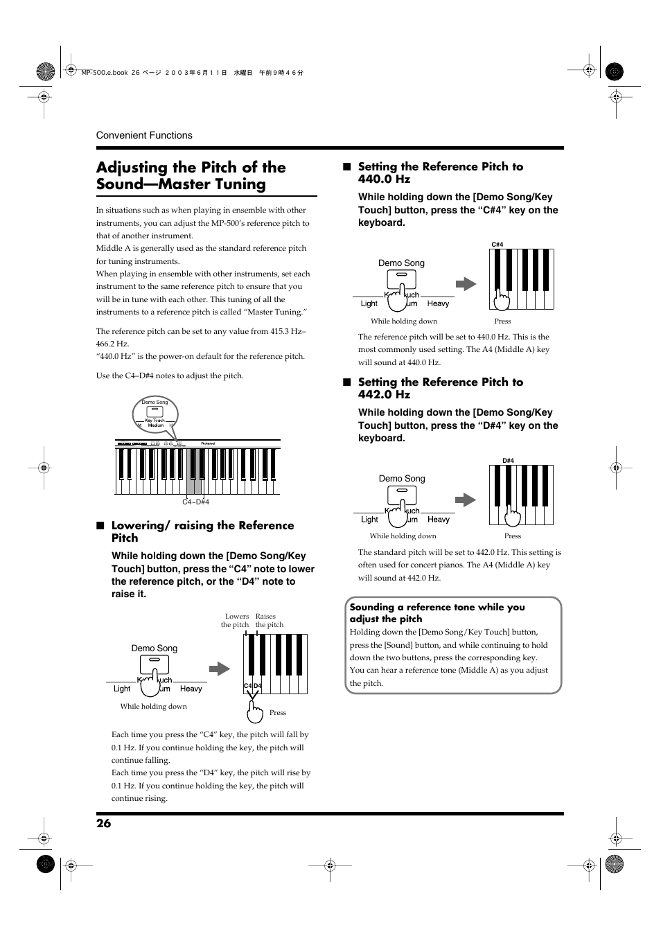 Adjusting the pitch of the sound—master tuning, Lowering/ raising the reference pitch, Setting the reference pitch to 440.0 hz | Setting the reference pitch to 442.0 hz | Roland MP-500 User Manual | Page 26 / 44