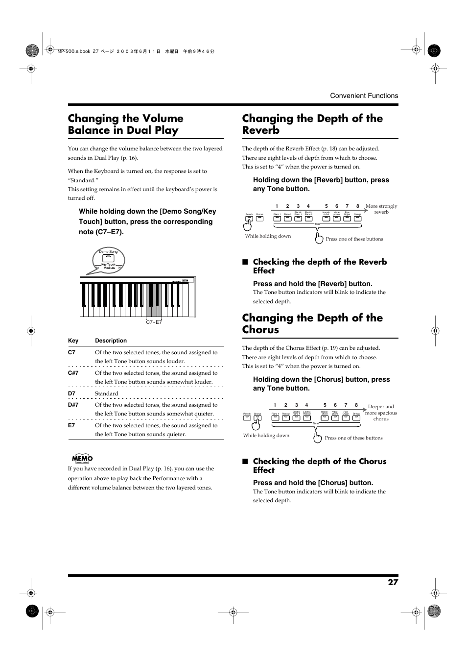 Changing the volume balance in dual play, Changing the depth of the reverb, Checking the depth of the reverb effect | Changing the depth of the chorus, Checking the depth of the chorus effect, Convenient functions, Press and hold the [reverb] button, Press and hold the [chorus] button | Roland MP-500 User Manual | Page 27 / 44