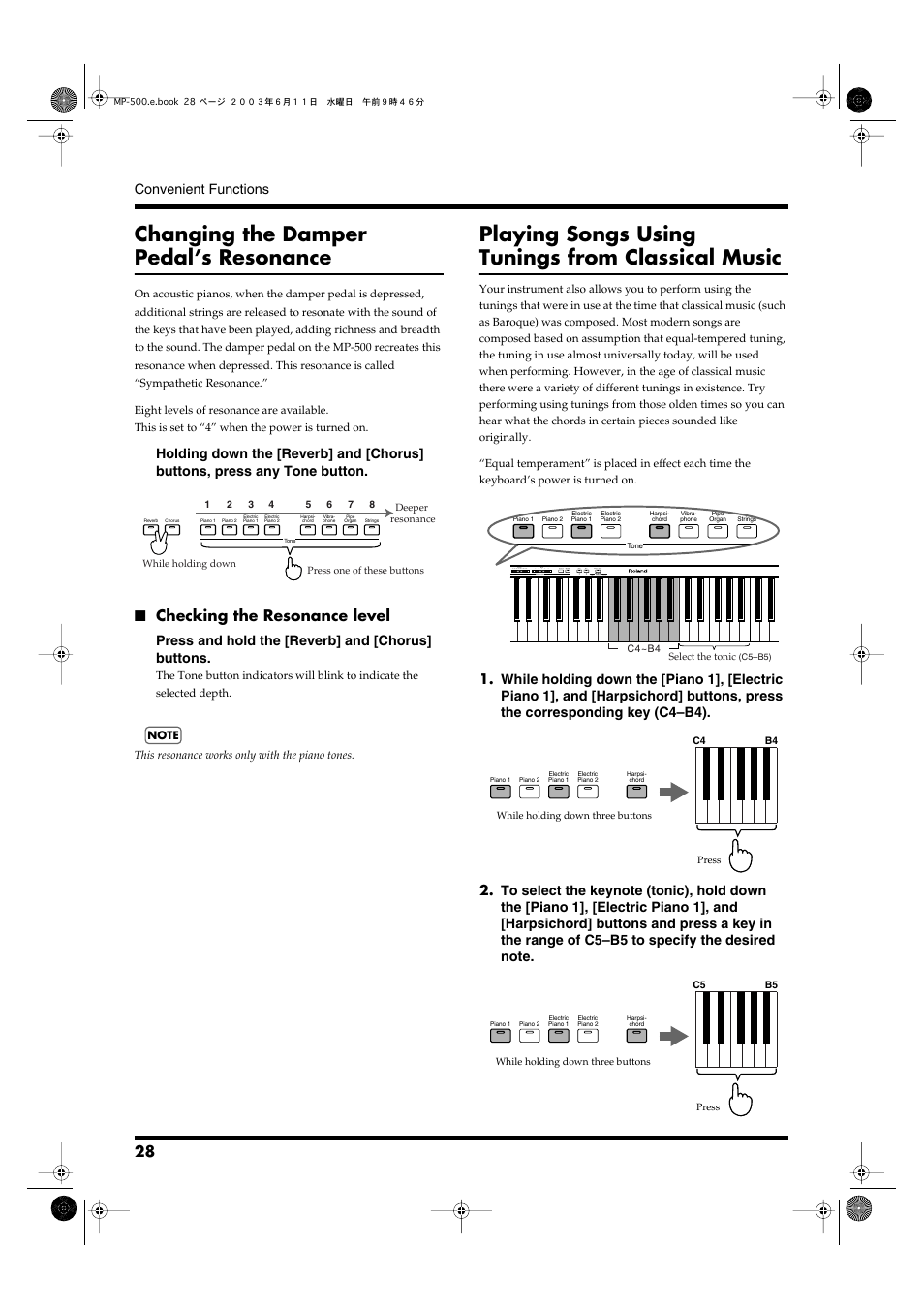 Changing the damper pedal’s resonance, Checking the resonance level, Playing songs using tunings from classical music | Convenient functions, Press and hold the [reverb] and [chorus] buttons | Roland MP-500 User Manual | Page 28 / 44