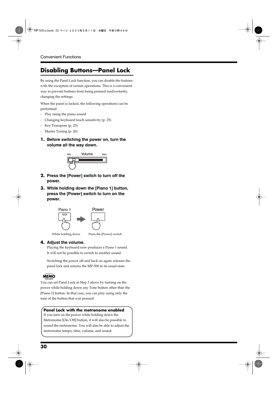 Disabling buttons—panel lock | Roland MP-500 User Manual | Page 30 / 44