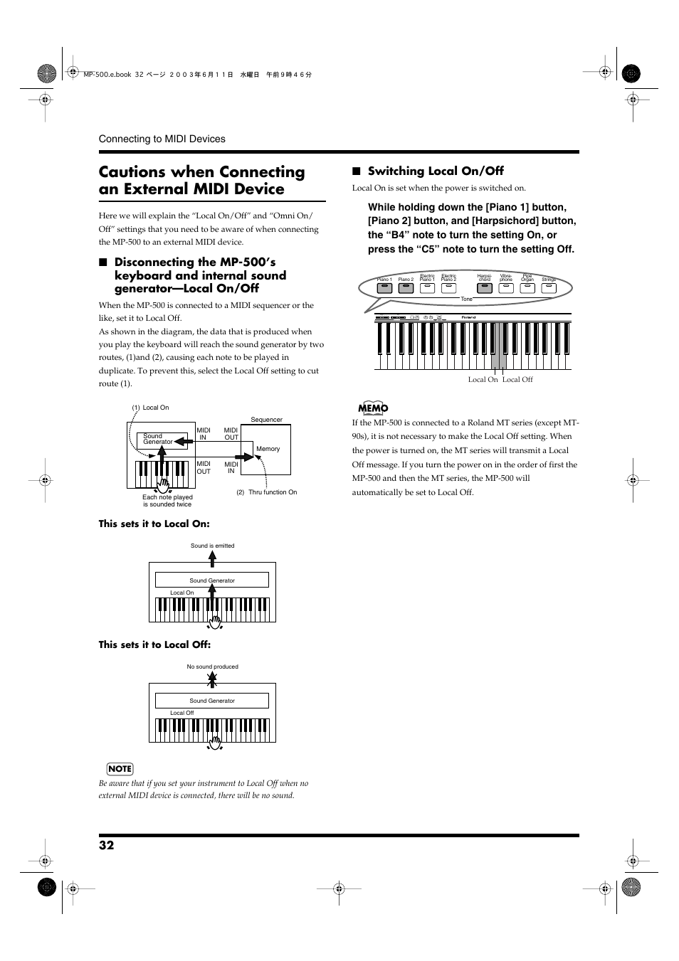 Cautions when connecting an external midi device, Switching local on/off | Roland MP-500 User Manual | Page 32 / 44