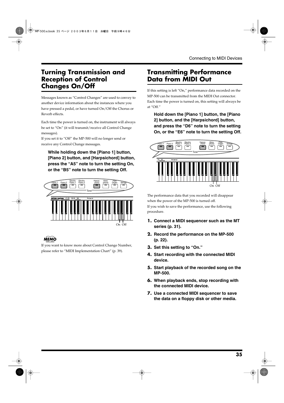 Transmitting performance data from midi out | Roland MP-500 User Manual | Page 35 / 44