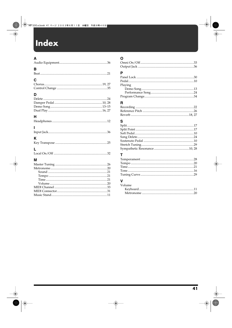 Index | Roland MP-500 User Manual | Page 41 / 44