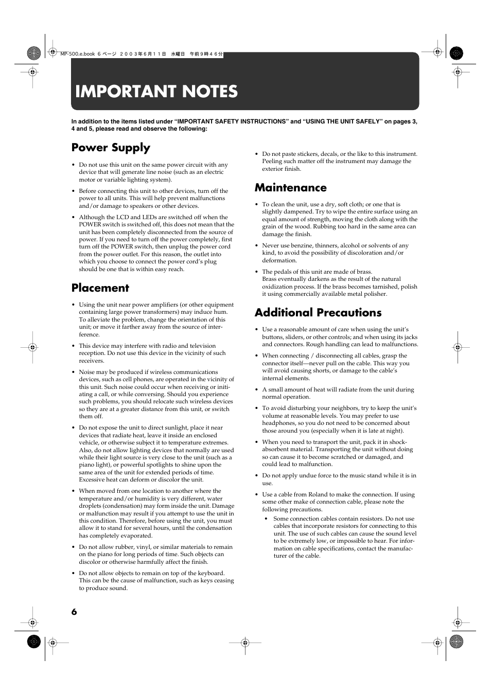 Important notes, Power supply, Placement | Maintenance, Additional precautions | Roland MP-500 User Manual | Page 6 / 44