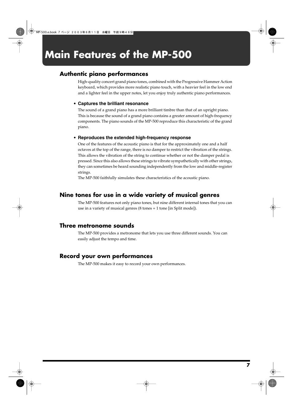 Main features of the mp-500, Authentic piano performances, Three metronome sounds | Record your own performances | Roland MP-500 User Manual | Page 7 / 44