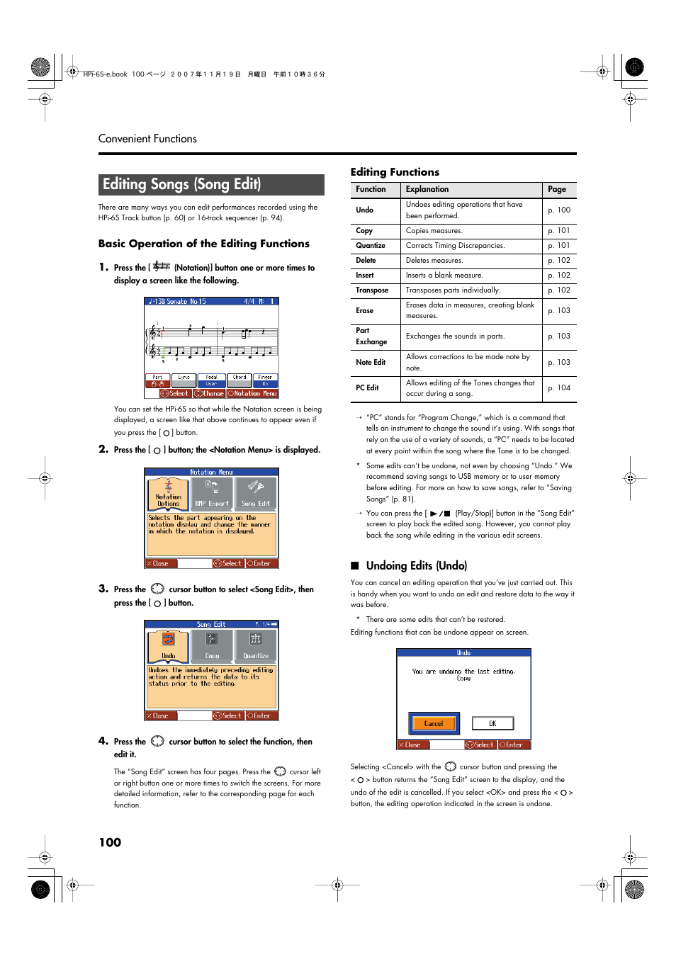 Editing songs (song edit), Undoing edits (undo), Having recorded, edited (p. 100), or changed | Recorded, edited (p. 100), or changed the, 100 convenient functions | Roland HPi-6s User Manual | Page 100 / 136