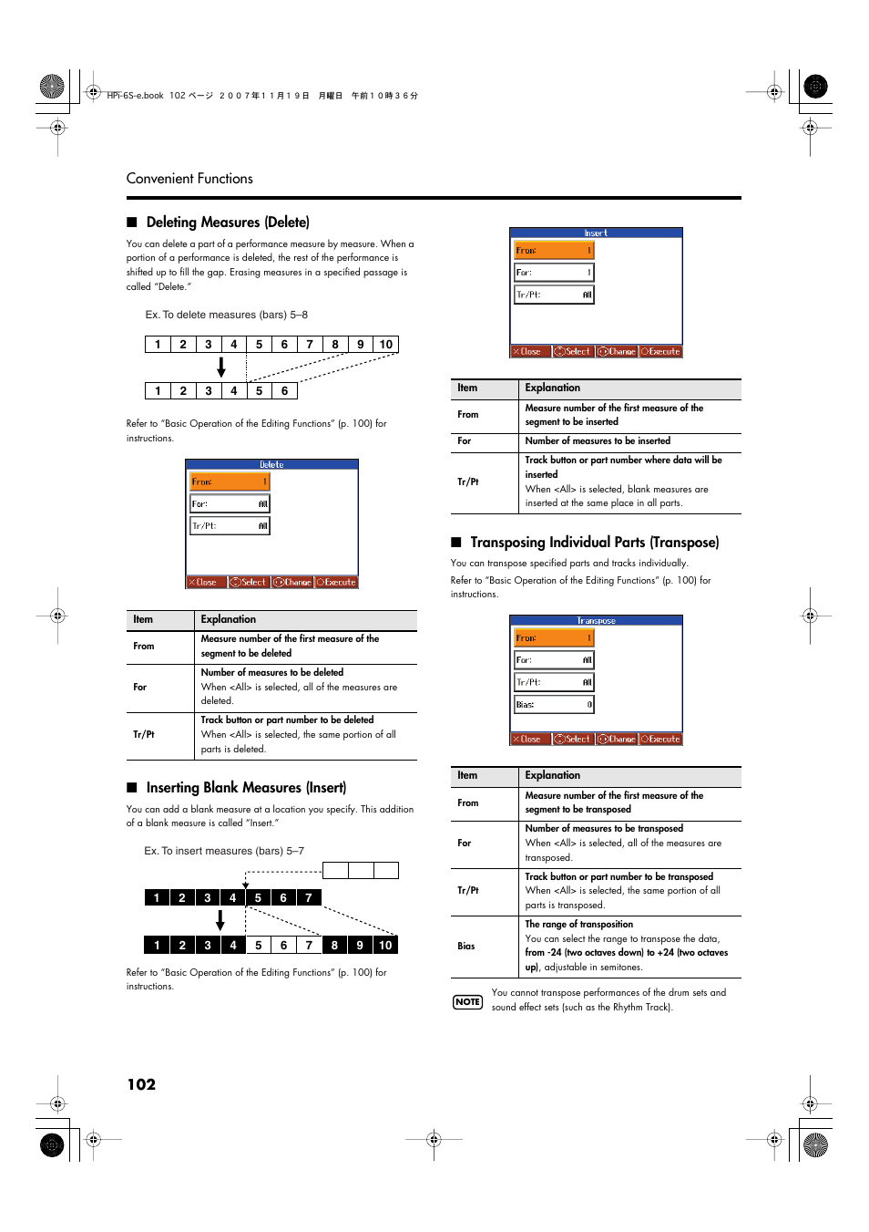 Deleting measures (delete), Inserting blank measures (insert), Transposing individual parts (transpose) | P. 102 | Roland HPi-6s User Manual | Page 102 / 136