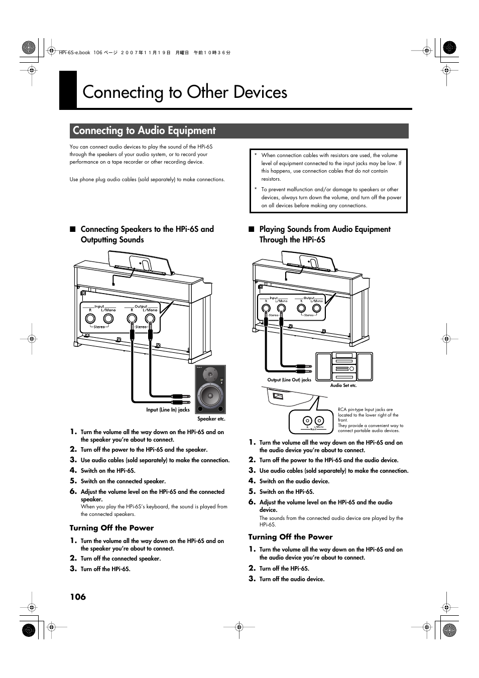 Connecting to other devices, Connecting to audio equipment, Through the hpi-6s’s speakers (p. 106) | Be output from the hpi-6s’s speakers (p. 106), Cassette tape (p. 106) | Roland HPi-6s User Manual | Page 106 / 136