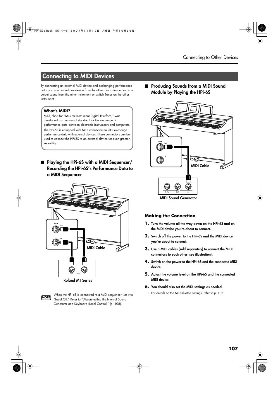 Connecting to midi devices, Performance data (p. 107) | Roland HPi-6s User Manual | Page 107 / 136