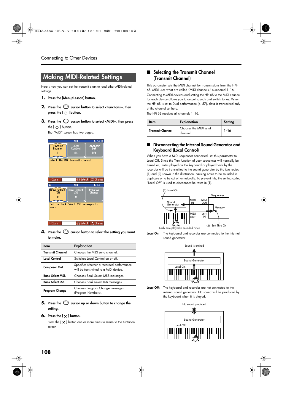 Making midi-related settings, Selecting the transmit channel (transmit channel), P. 108–p. 110) | 108 connecting to other devices | Roland HPi-6s User Manual | Page 108 / 136