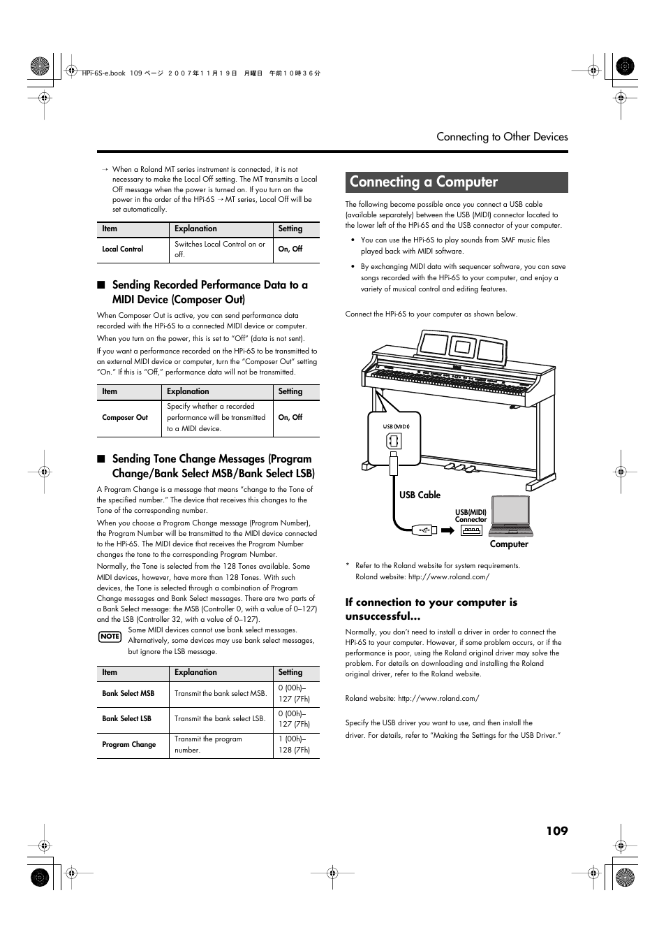 Connecting a computer, P. 109), Erases the data for switching tones (p. 109) | 109 connecting to other devices | Roland HPi-6s User Manual | Page 109 / 136