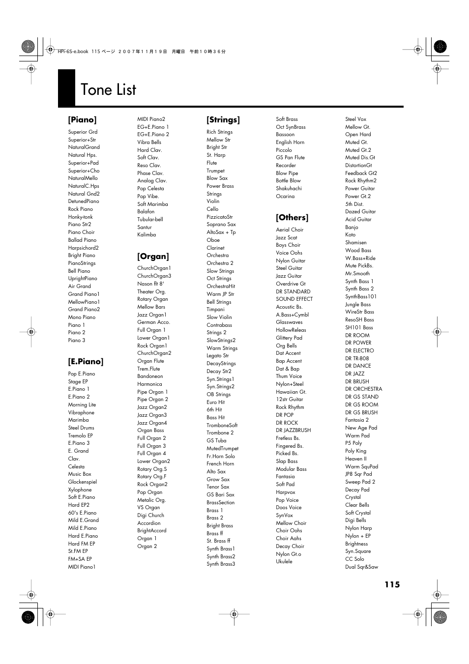 Tone list | Roland HPi-6s User Manual | Page 115 / 136