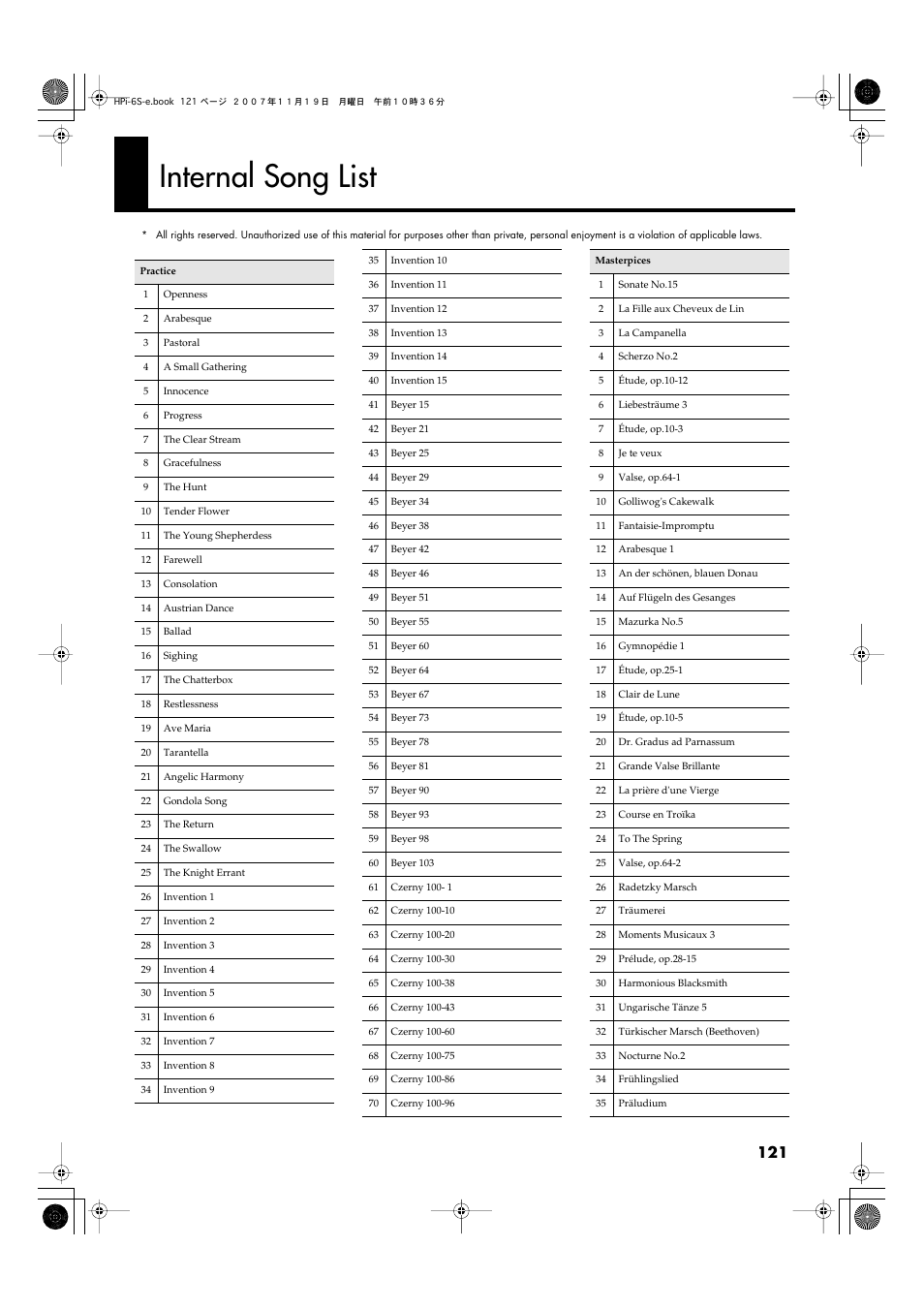 Internal song list, Internal song list” (p. 121) | Roland HPi-6s User Manual | Page 121 / 136