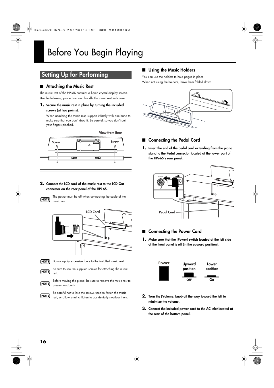 Before you begin playing, Setting up for performing, Attaching the music rest | Using the music holders, Connecting the pedal cord, Connecting the power cord | Roland HPi-6s User Manual | Page 16 / 136