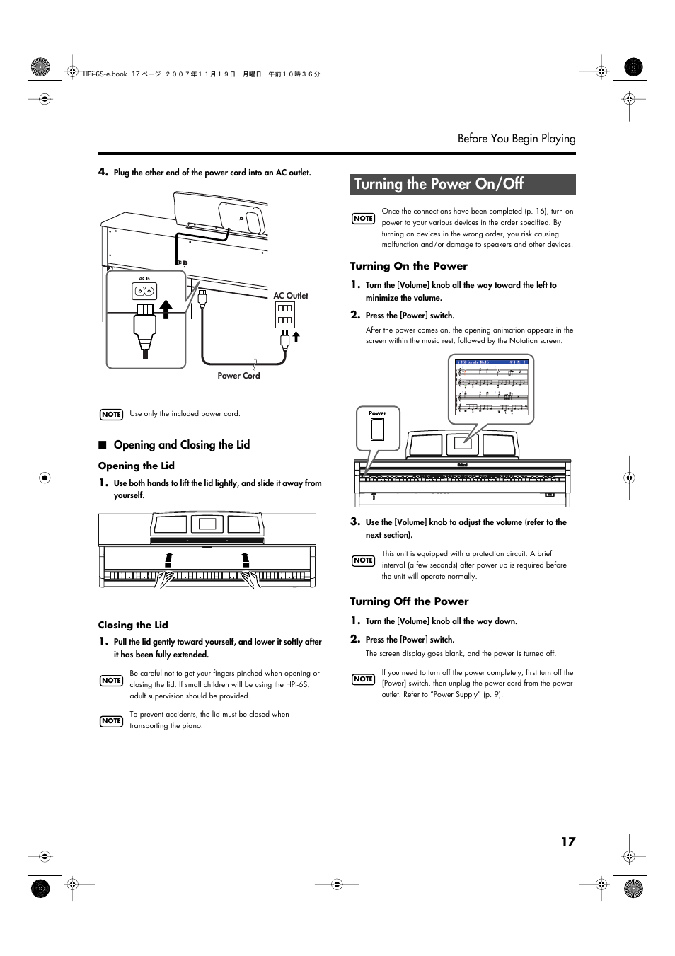 Opening and closing the lid, Turning the power on/off | Roland HPi-6s User Manual | Page 17 / 136