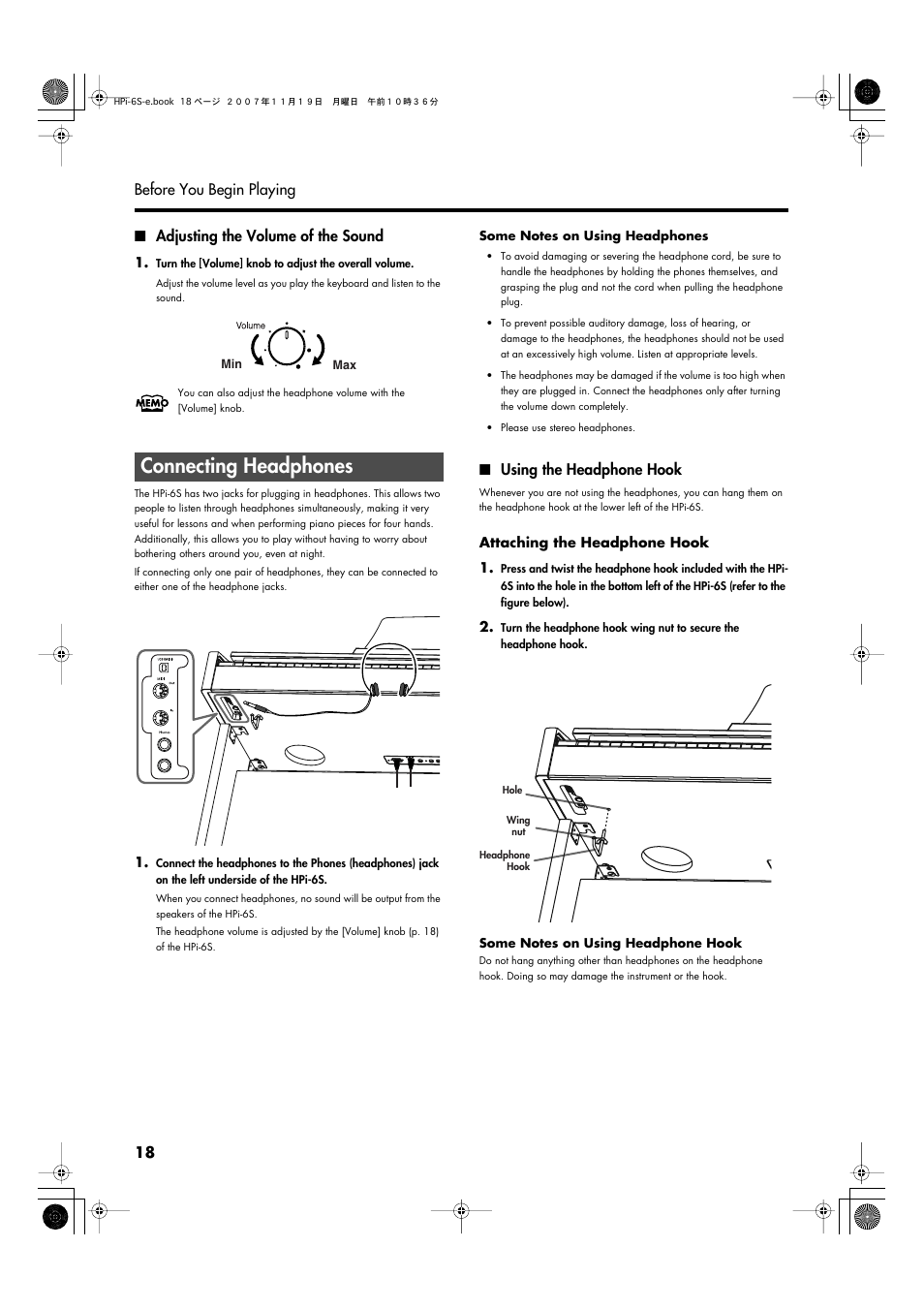 Adjusting the volume of the sound, Connecting headphones, Using the headphone hook | Roland HPi-6s User Manual | Page 18 / 136