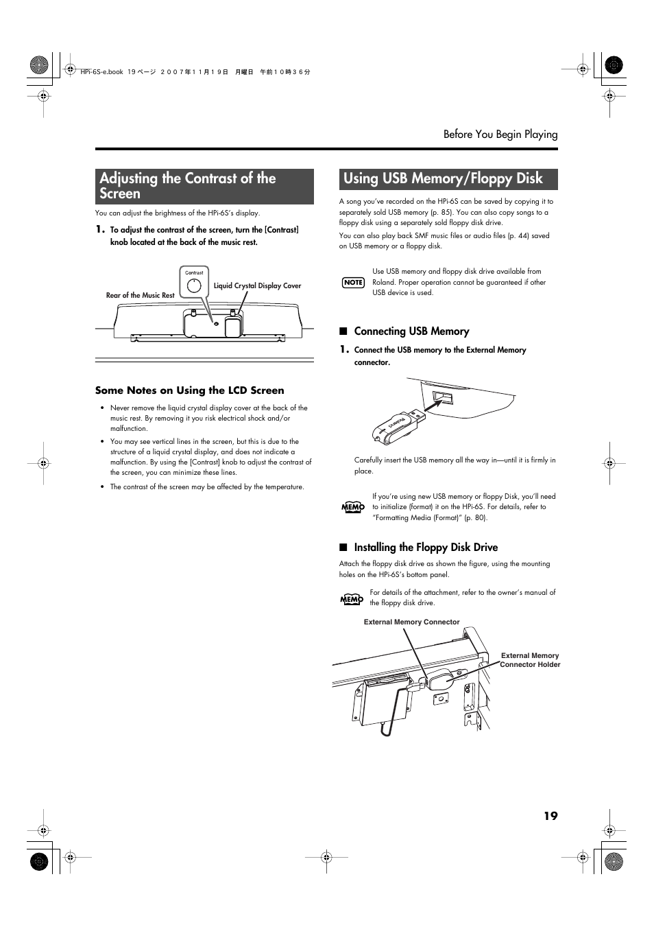 Adjusting the contrast of the screen, Using usb memory/floppy disk, Connecting usb memory | Installing the floppy disk drive | Roland HPi-6s User Manual | Page 19 / 136