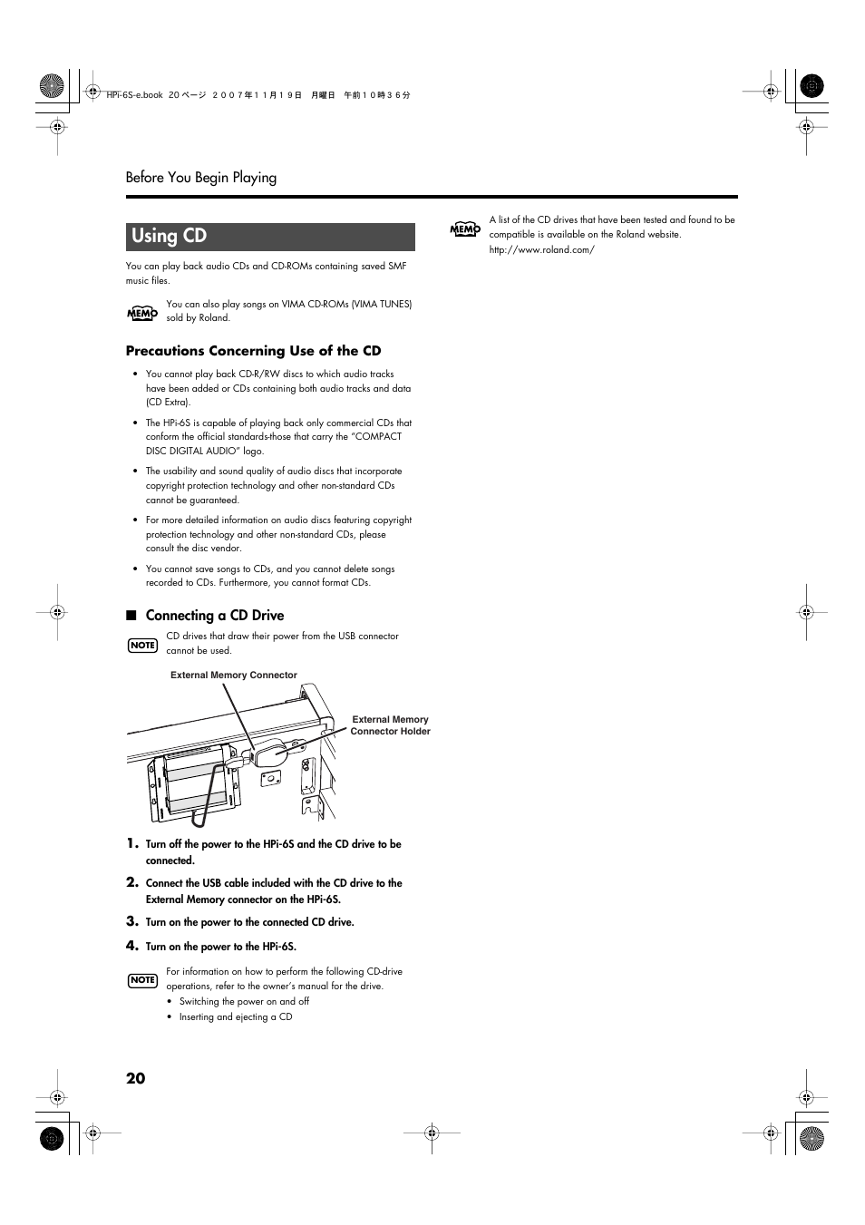 Using cd, Connecting a cd drive | Roland HPi-6s User Manual | Page 20 / 136