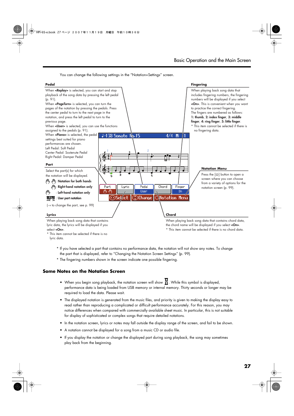 P. 27, p. 99), 27 basic operation and the main screen | Roland HPi-6s User Manual | Page 27 / 136