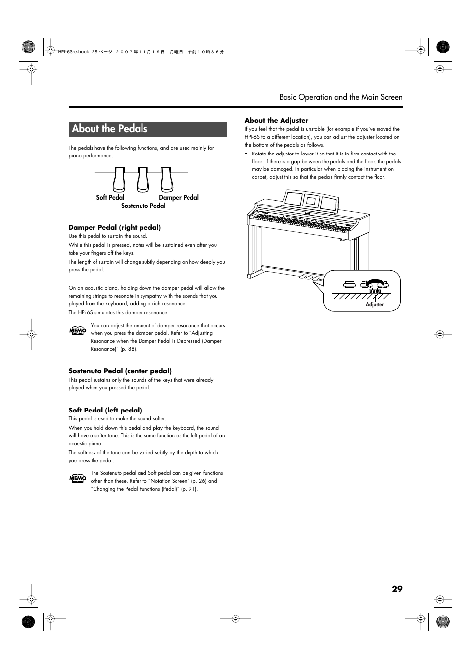 About the pedals, 29 basic operation and the main screen | Roland HPi-6s User Manual | Page 29 / 136