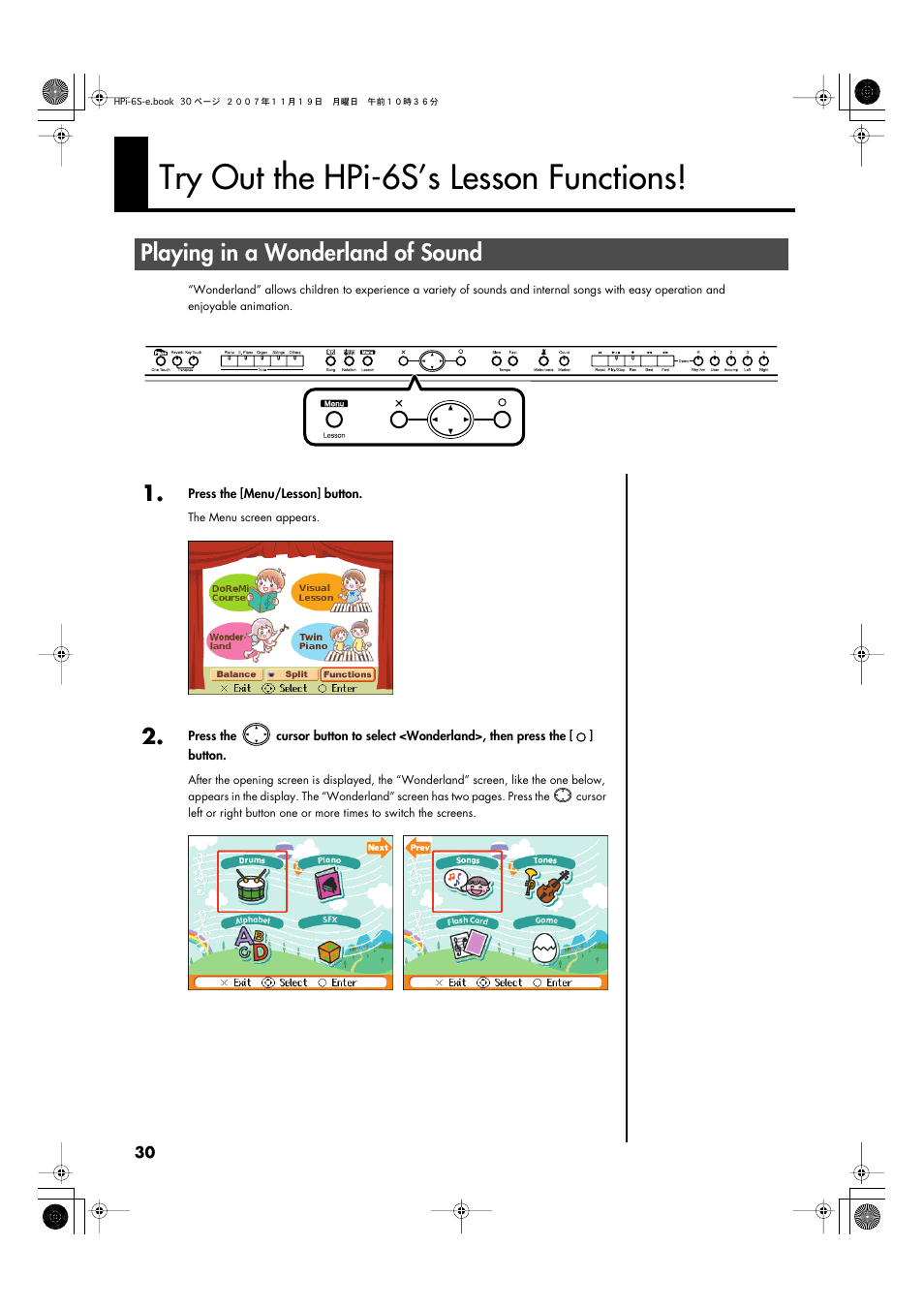 Try out the hpi-6s’s lesson functions, Playing in a wonderland of sound, Learn about instruments while having fun (p. 30) | Roland HPi-6s User Manual | Page 30 / 136