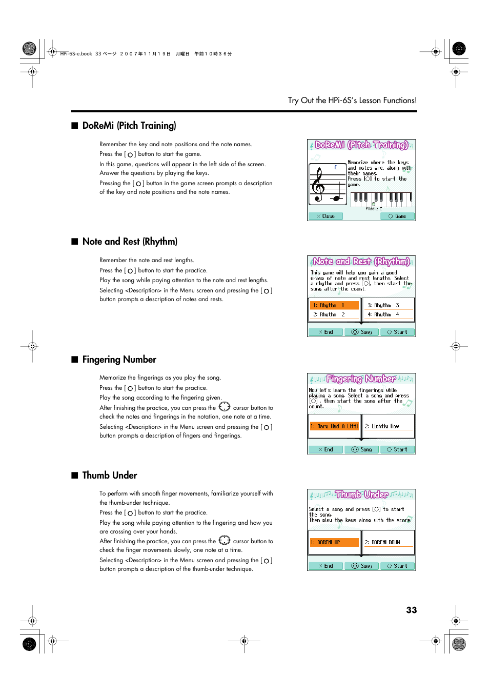 Doremi (pitch training), Note and rest (rhythm), Fingering number | Thumb under | Roland HPi-6s User Manual | Page 33 / 136