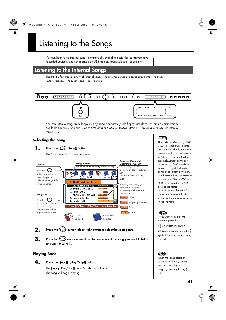 Listening to the songs, Listening to the internal songs, Memory (p. 41–p. 48, p. 60, p. 71–p. 78) | Drive, and play back stored songs (p. 41) | Roland HPi-6s User Manual | Page 41 / 136