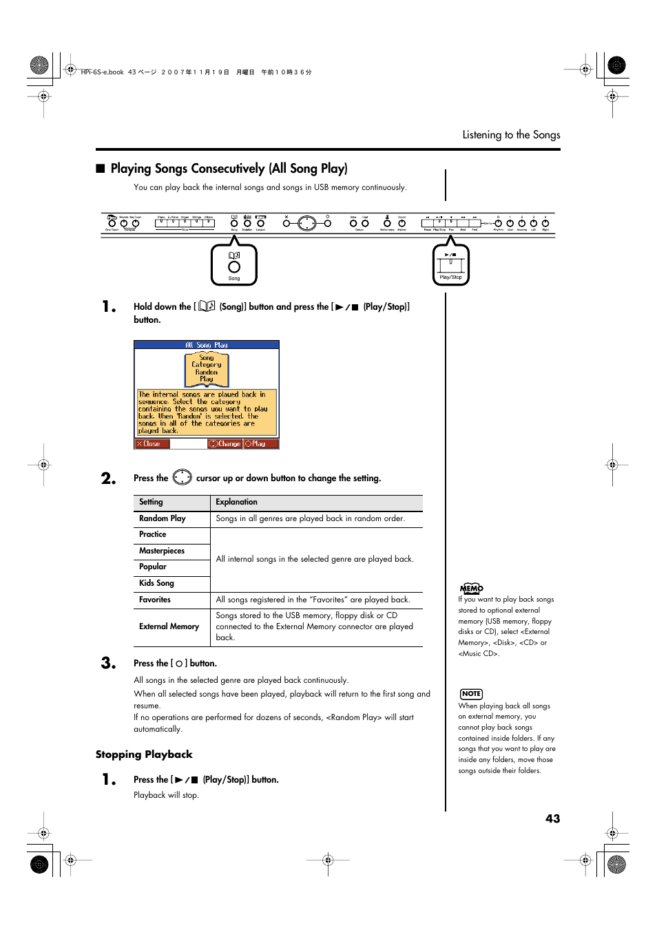 Playing songs consecutively (all song play) | Roland HPi-6s User Manual | Page 43 / 136