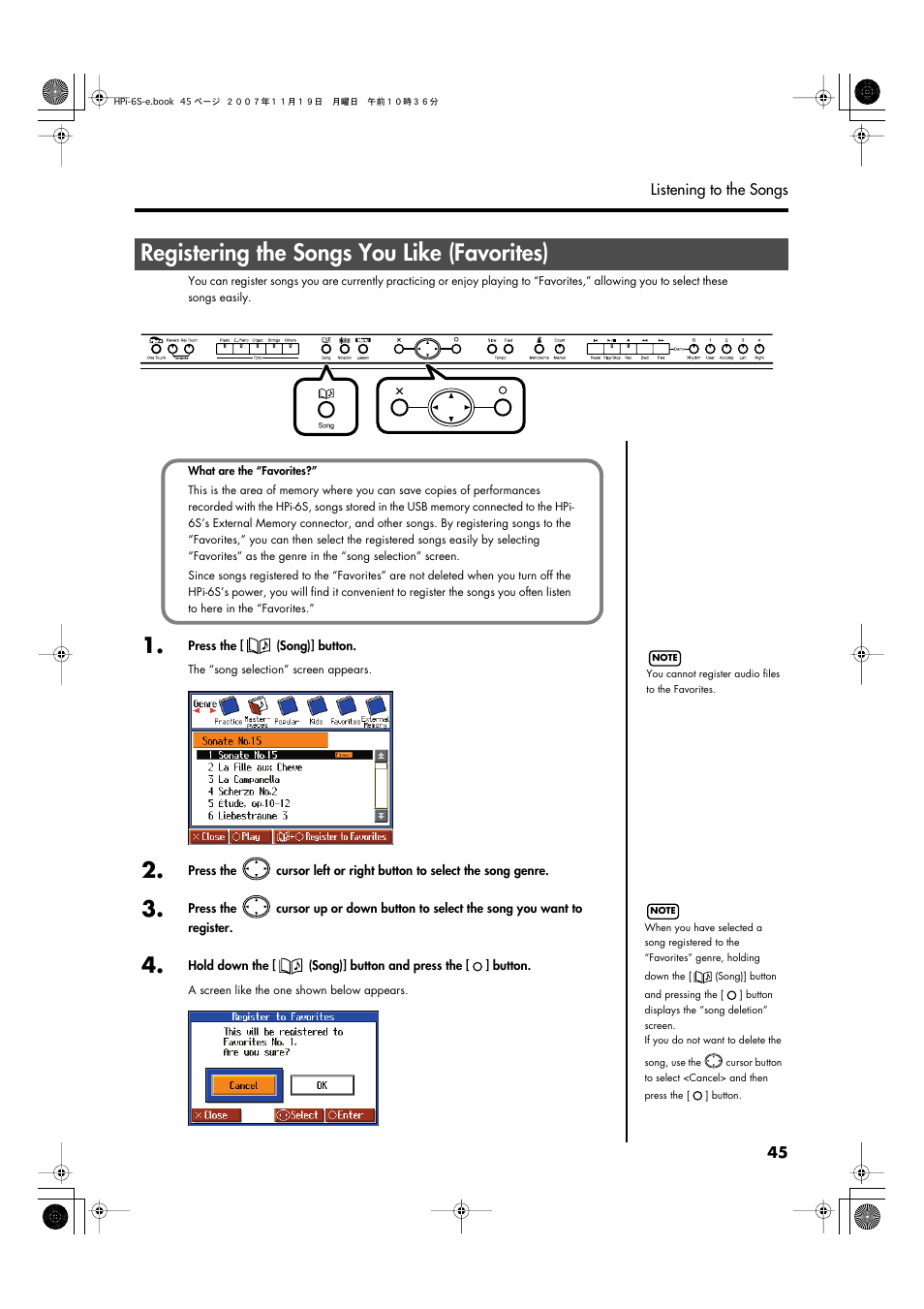 Registering the songs you like (favorites) | Roland HPi-6s User Manual | Page 45 / 136