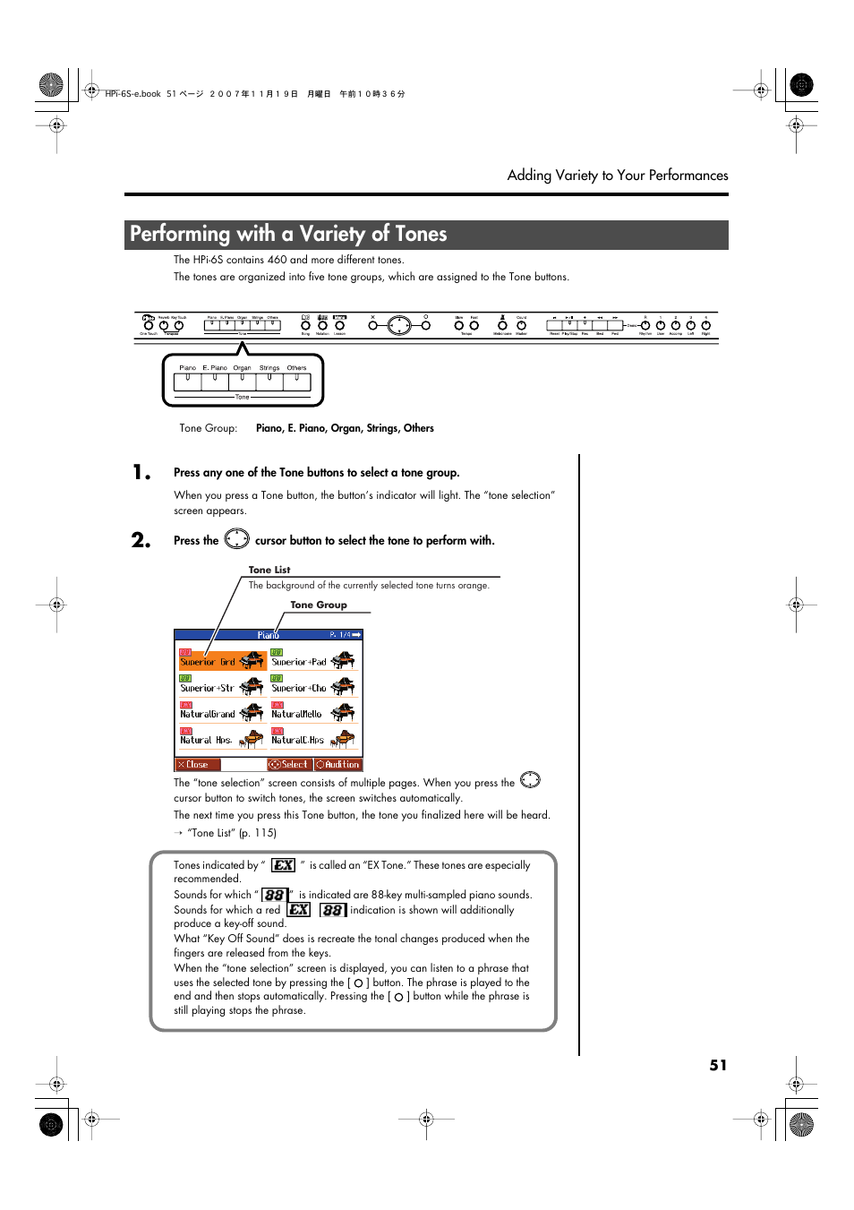 Performing with a variety of tones, The keyboard (p. 51) | Roland HPi-6s User Manual | Page 51 / 136