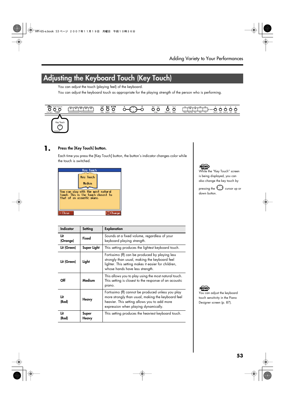 Adjusting the keyboard touch (key touch), Adjusts the touch of the keyboard (p. 53) | Roland HPi-6s User Manual | Page 53 / 136