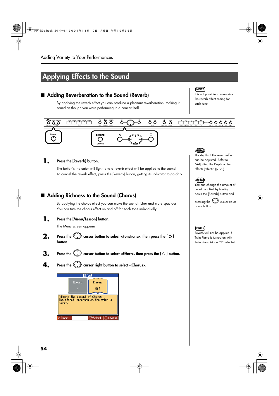 Applying effects to the sound, Adding reverberation to the sound (reverb), Adding richness to the sound (chorus) | Adds reverberation to the sound (p. 54), Reverb (p. 54) | Roland HPi-6s User Manual | Page 54 / 136