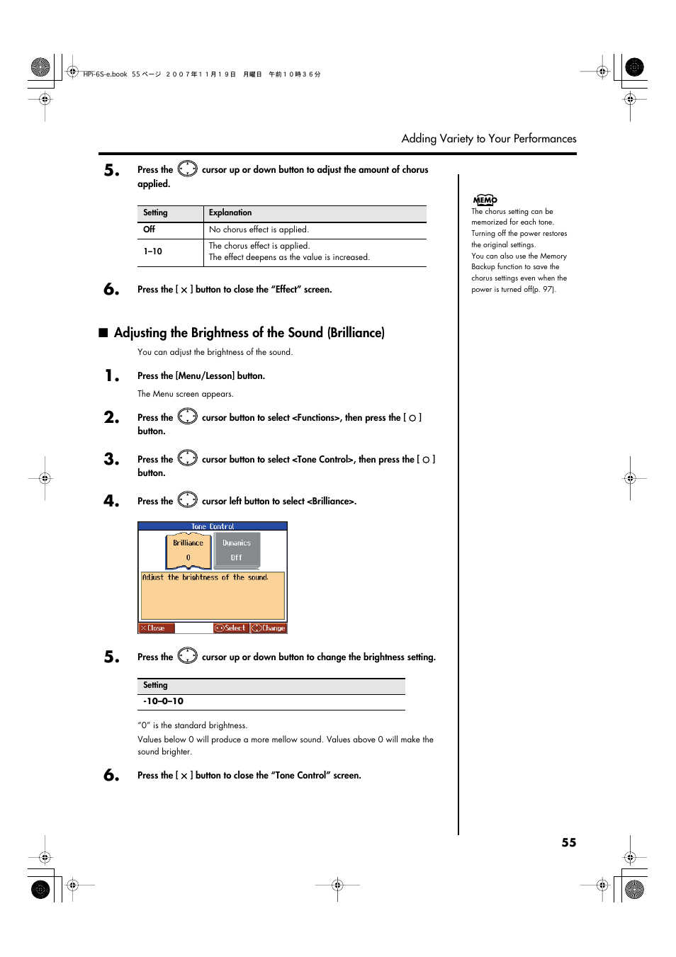 Adjusting the brightness of the sound (brilliance) | Roland HPi-6s User Manual | Page 55 / 136