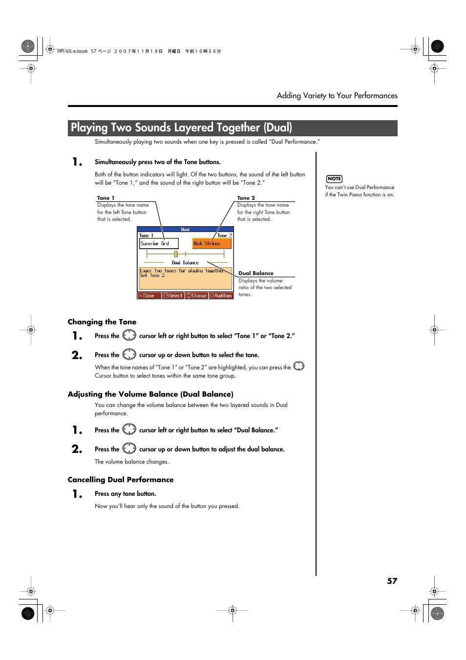 Playing two sounds layered together (dual), P. 57), the layered sound is | Roland HPi-6s User Manual | Page 57 / 136