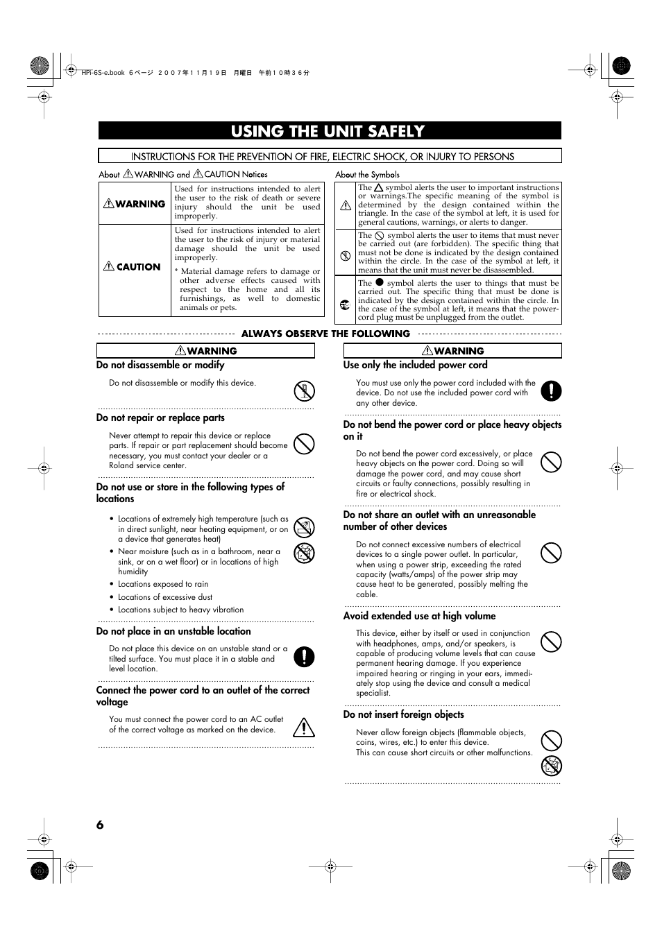 Using the unit safely | Roland HPi-6s User Manual | Page 6 / 136