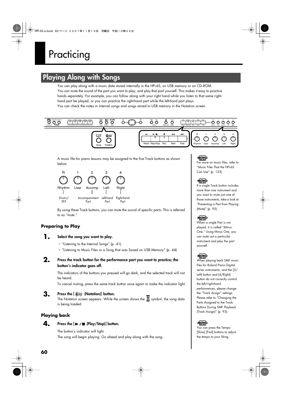 Practicing, Playing along with songs, Playing along with songs” (p. 60) | Roland HPi-6s User Manual | Page 60 / 136