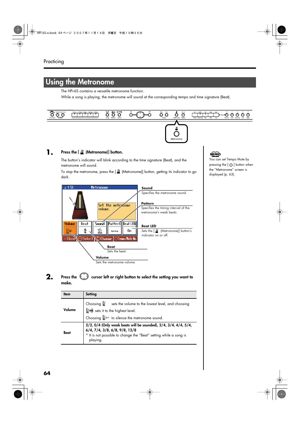 Using the metronome, Sounds the internal metronome (p. 64) | Roland HPi-6s User Manual | Page 64 / 136