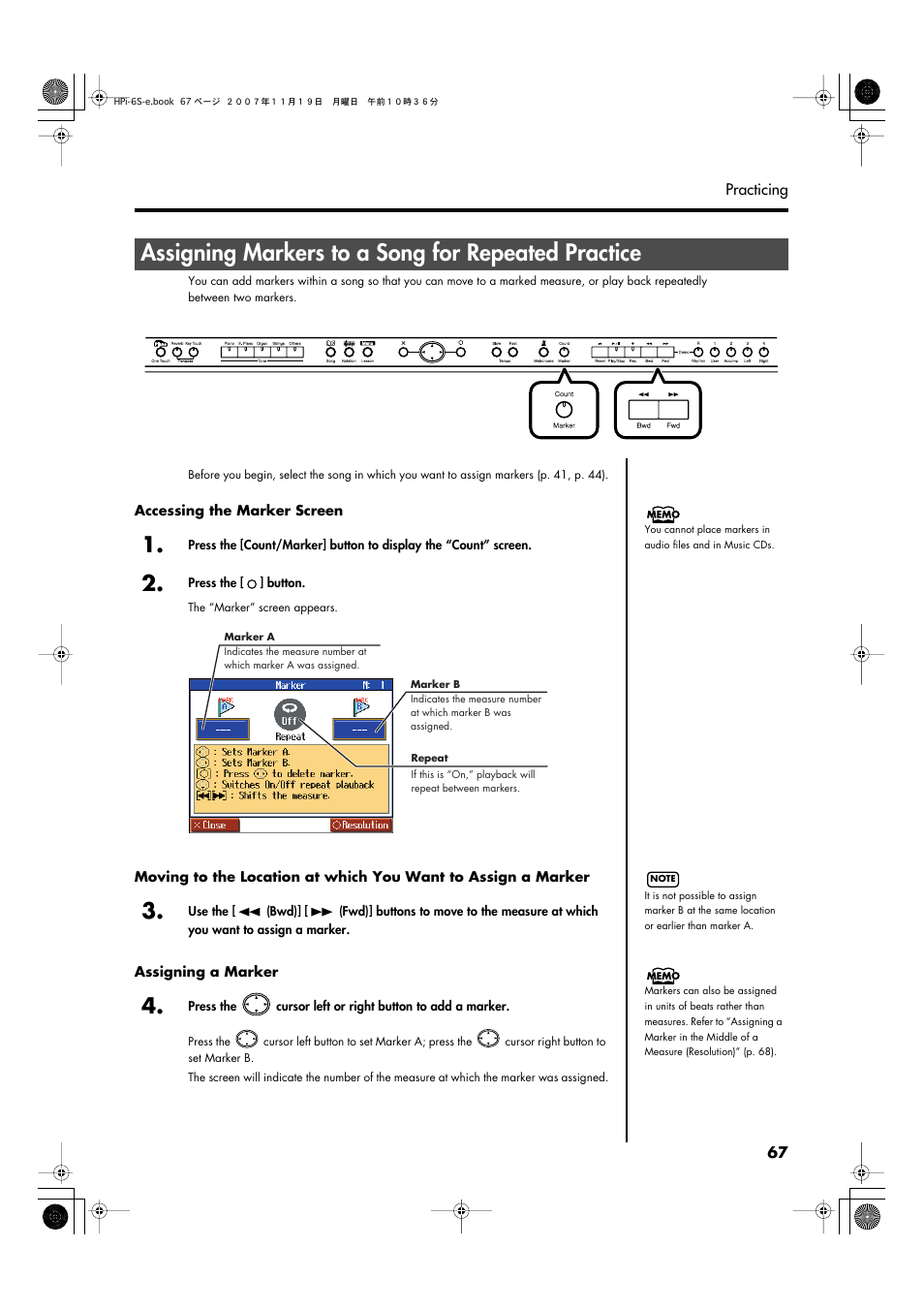 Assigning markers to a song for repeated practice | Roland HPi-6s User Manual | Page 67 / 136