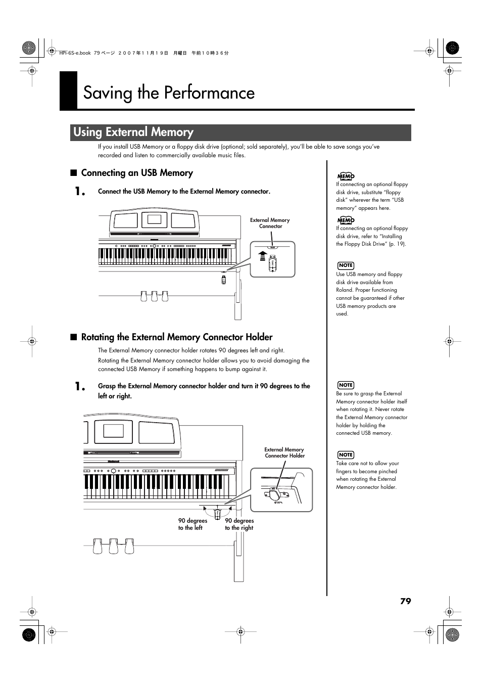 Saving the performance, Using external memory, Connecting an usb memory | Rotating the external memory connector holder | Roland HPi-6s User Manual | Page 79 / 136