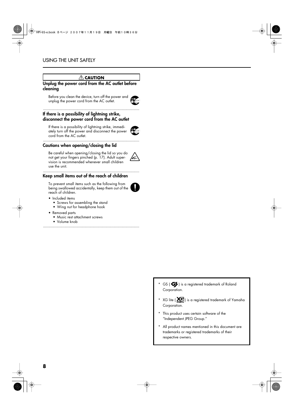 8 using the unit safely | Roland HPi-6s User Manual | Page 8 / 136