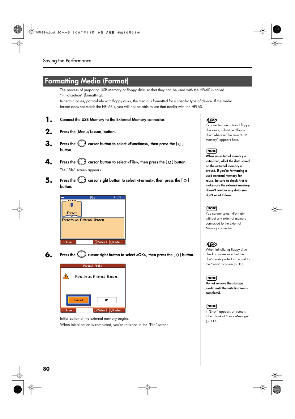 Formatting media (format) | Roland HPi-6s User Manual | Page 80 / 136