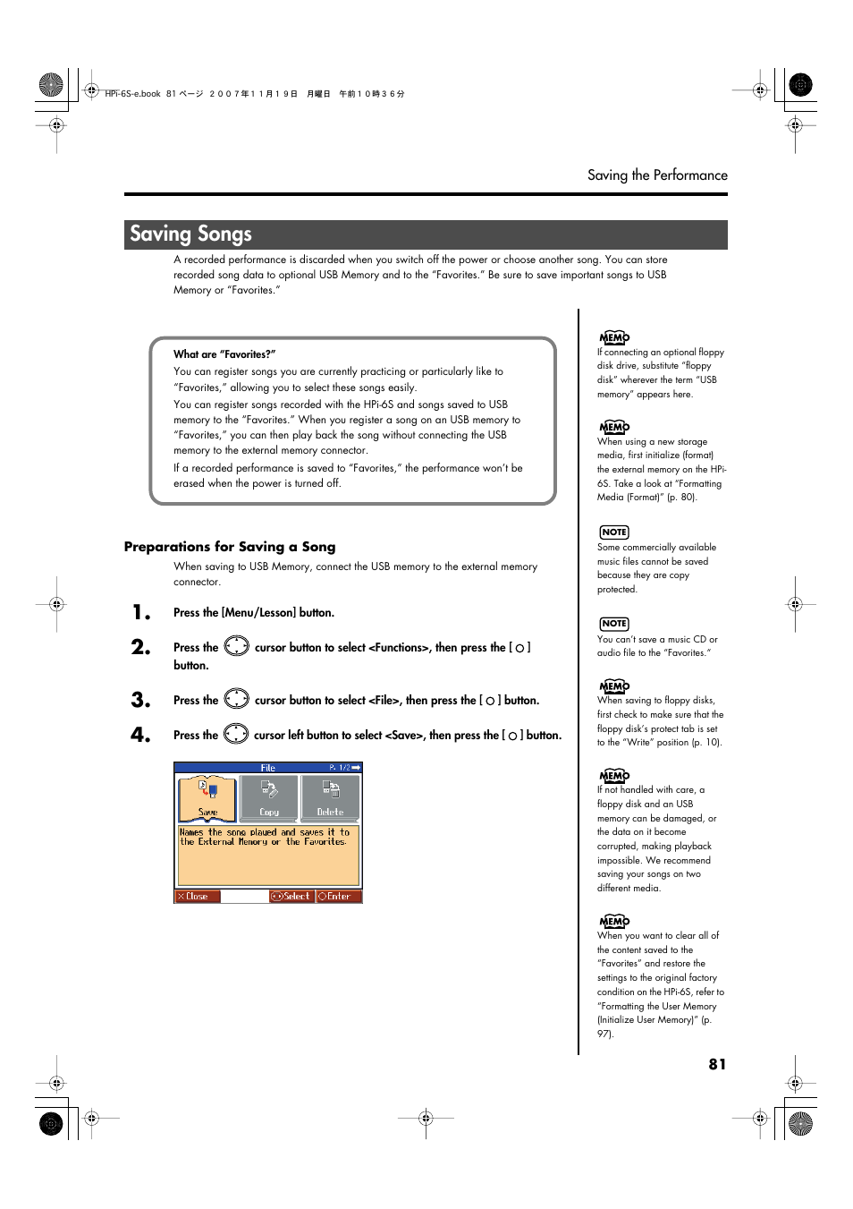 Saving songs, On the hpi-6s (p. 81), Saving songs” (p. 81) | Save to internal memory (p. 81), 81) the performance before | Roland HPi-6s User Manual | Page 81 / 136