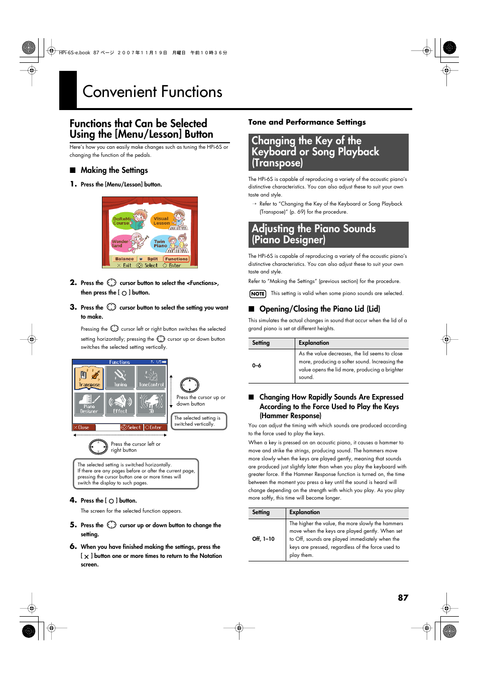 Convenient functions, Making the settings, Adjusting the piano sounds (piano designer) | Opening/closing the piano lid (lid), P. 87) | Roland HPi-6s User Manual | Page 87 / 136