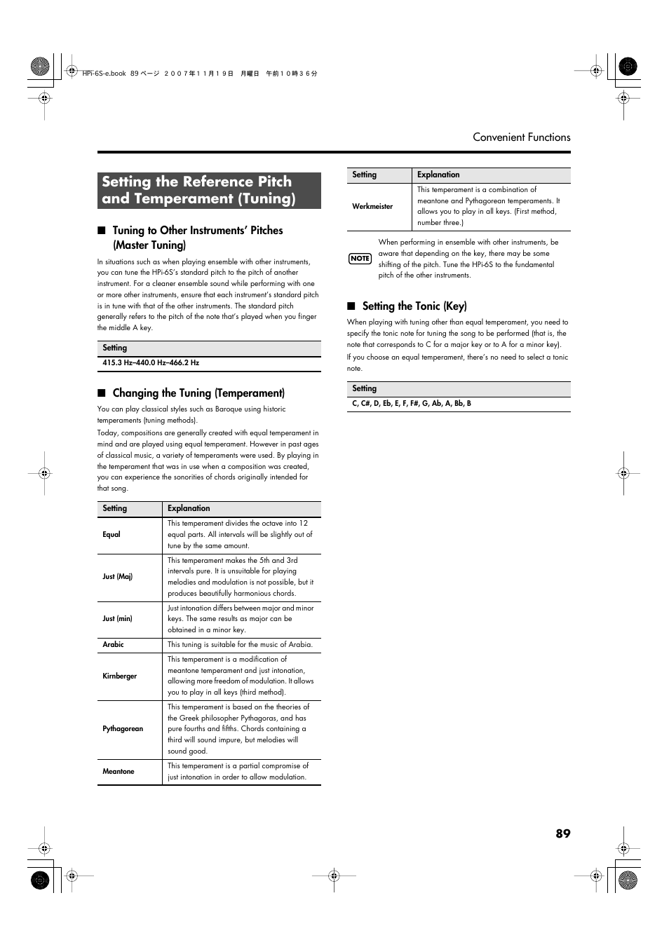 Changing the tuning (temperament), Setting the tonic (key) | Roland HPi-6s User Manual | Page 89 / 136