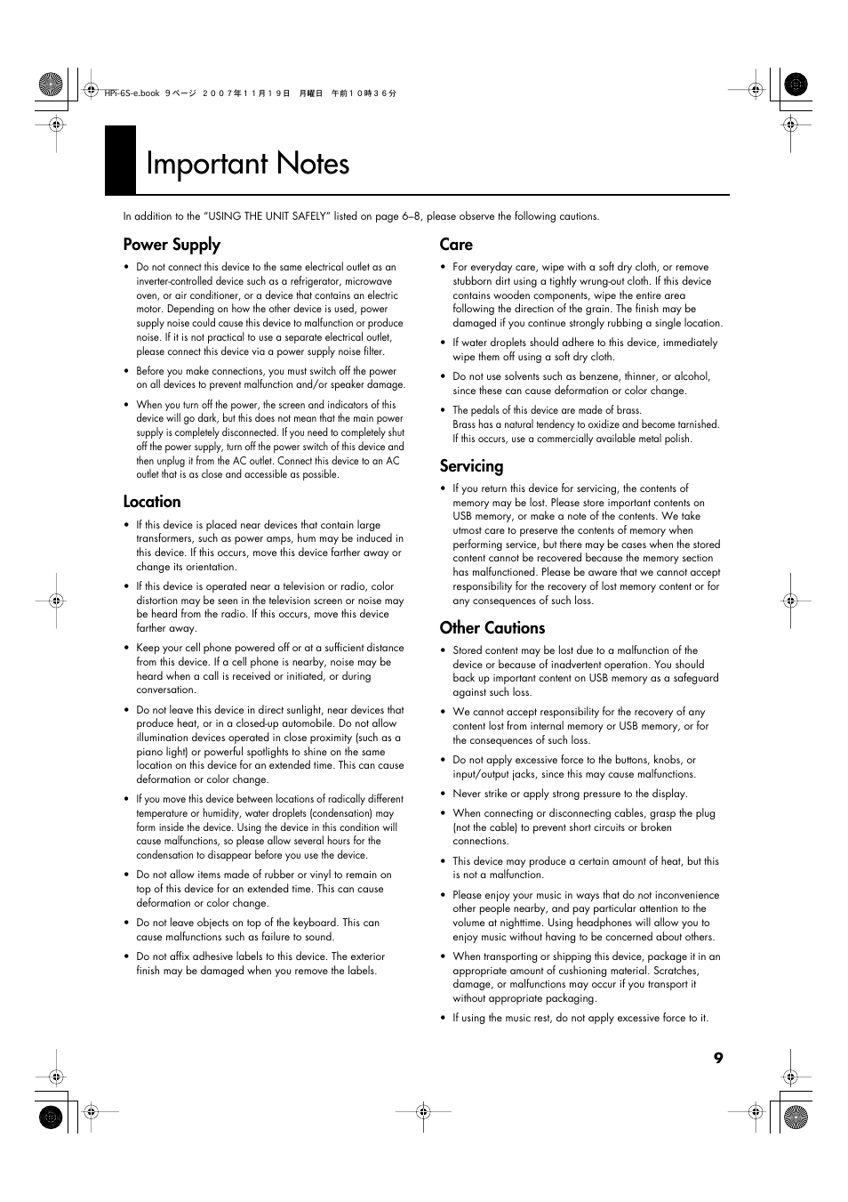 Important notes, Power supply, Location | Care, Servicing, Other cautions | Roland HPi-6s User Manual | Page 9 / 136
