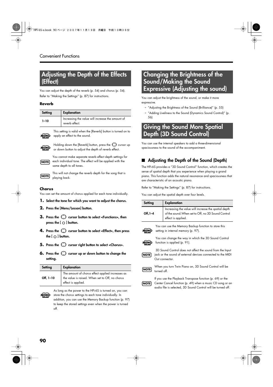 Adjusting the depth of the effects (effect), Adjusting the depth of the sound (depth), 3d sound control (p. 90) | 90 convenient functions | Roland HPi-6s User Manual | Page 90 / 136