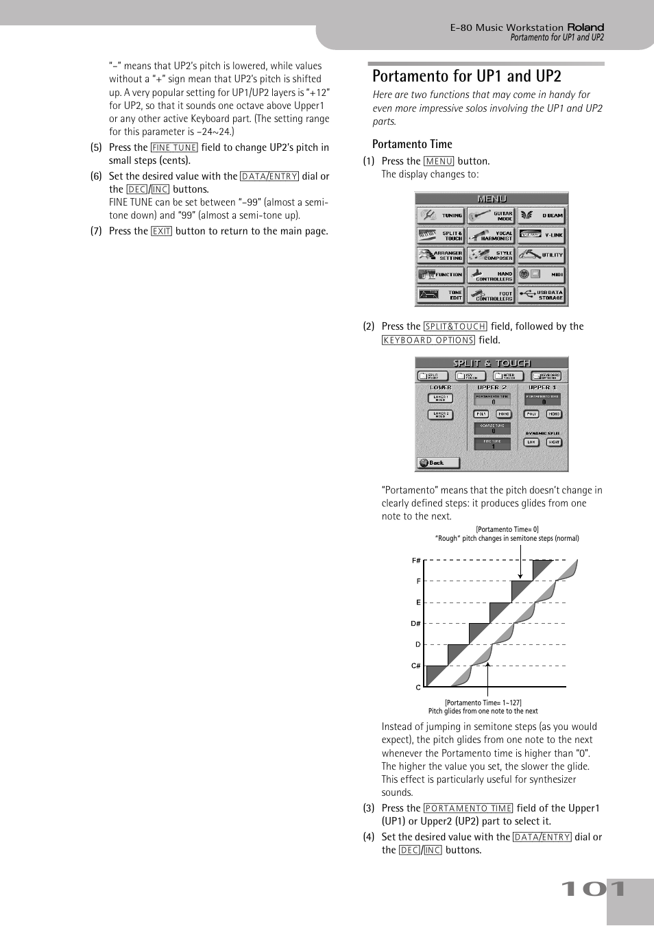 Portamento for up1 and up2, Portamento time | Roland E-80 User Manual | Page 101 / 284